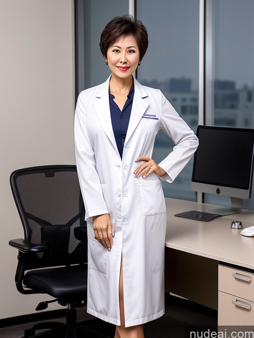 ai nude image of arafed woman in a lab coat standing in front of a computer pics of Milf Two Perfect Boobs Perfect Body Pubic Hair Short Hair Chinese Office Doctor Lab Coat Cleavage Dark Lighting Sexy Face 70s