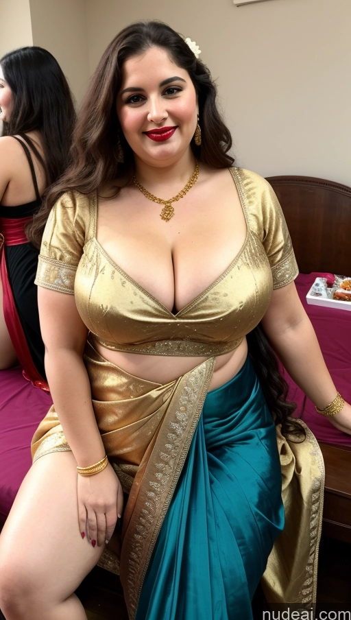 ai nude image of araffe woman in a sari posing for a picture pics of Milf Busty Beautiful Lipstick Thick Chubby Big Hips Fat Fairer Skin 20s Happy Seductive Brunette Long Hair Russian Party Front View Straddling Sari Blouse Dirndl Victorian Cleavage Gold Jewelry