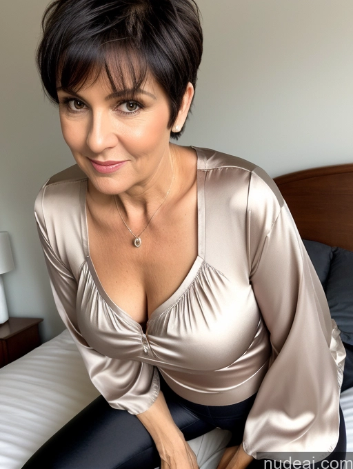 ai nude image of there is a woman sitting on a bed with a brown shirt pics of 50s Czech Black Hair Pixie Milf Thick Bedroom Blouse Tunic Yoga Pants Satin Simple Close-up View