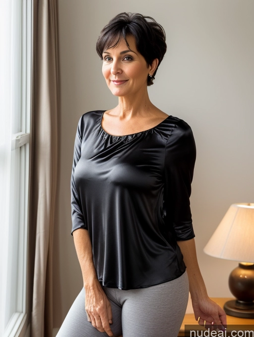 ai nude image of there is a woman standing in front of a window with a lamp pics of 50s Czech Black Hair Pixie Milf Thick Bedroom Blouse Tunic Yoga Pants Satin Simple Close-up View