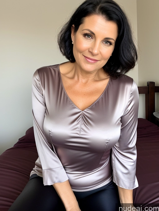 ai nude image of there is a woman sitting on a bed with a purple shirt pics of 50s Czech Black Hair Pixie Milf Thick Bedroom Blouse Tunic Yoga Pants Satin Simple Close-up View Spreading Legs