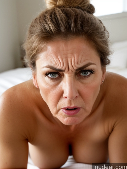 ai nude image of there is a woman with a very big breast laying on a bed pics of Milf Perfect Boobs Perfect Body 60s Bedroom Bright Lighting Detailed Shocked Sad Sexy Face Angry Fairer Skin Hair Bun Beautiful Big Ass On Back