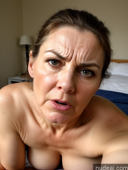 ai nude image of there is a woman with a very large breast laying on a bed pics of Milf Perfect Boobs Perfect Body 60s Bedroom Bright Lighting Detailed Shocked Sad Sexy Face Angry Fairer Skin Hair Bun Beautiful Big Ass On Back