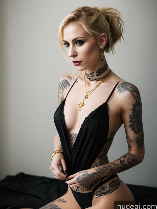 ai nude image of arafed woman with tattoos and a black dress sitting on a bed pics of One Small Tits Tattoos Skinny Short Fairer Skin 20s Serious Blonde Ponytail British Hell Goth Jewelry Gold Jewelry