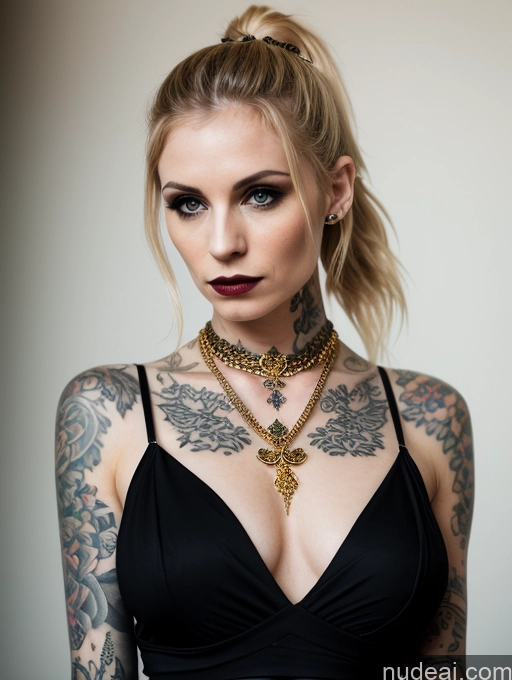 ai nude image of arafed woman with tattoos and a black dress posing for a picture pics of One Small Tits Tattoos Skinny Short Fairer Skin 20s Serious Blonde Ponytail British Hell Goth Jewelry Gold Jewelry