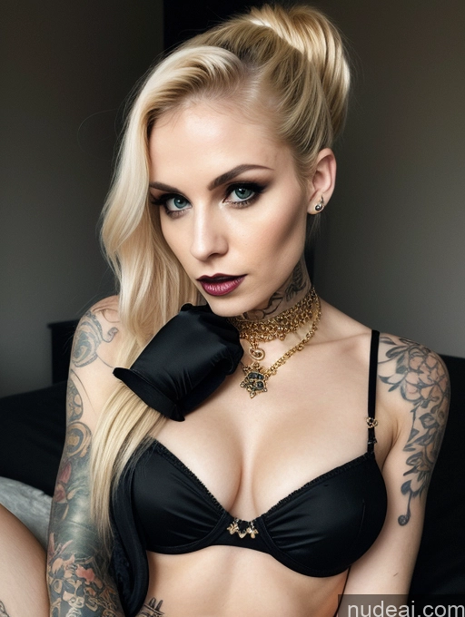 ai nude image of blond woman with tattoos and a choke sitting on a bed pics of One Small Tits Tattoos Skinny Short Fairer Skin 20s Serious Blonde Ponytail British Hell Goth Jewelry Gold Jewelry