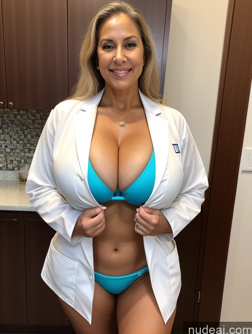 ai nude image of arafed woman in a white lab coat and blue bikini posing for a picture pics of Milf 70s One Busty Huge Boobs Tanned Skin Brazilian Front View Lab Coat Microkini Professor Thong