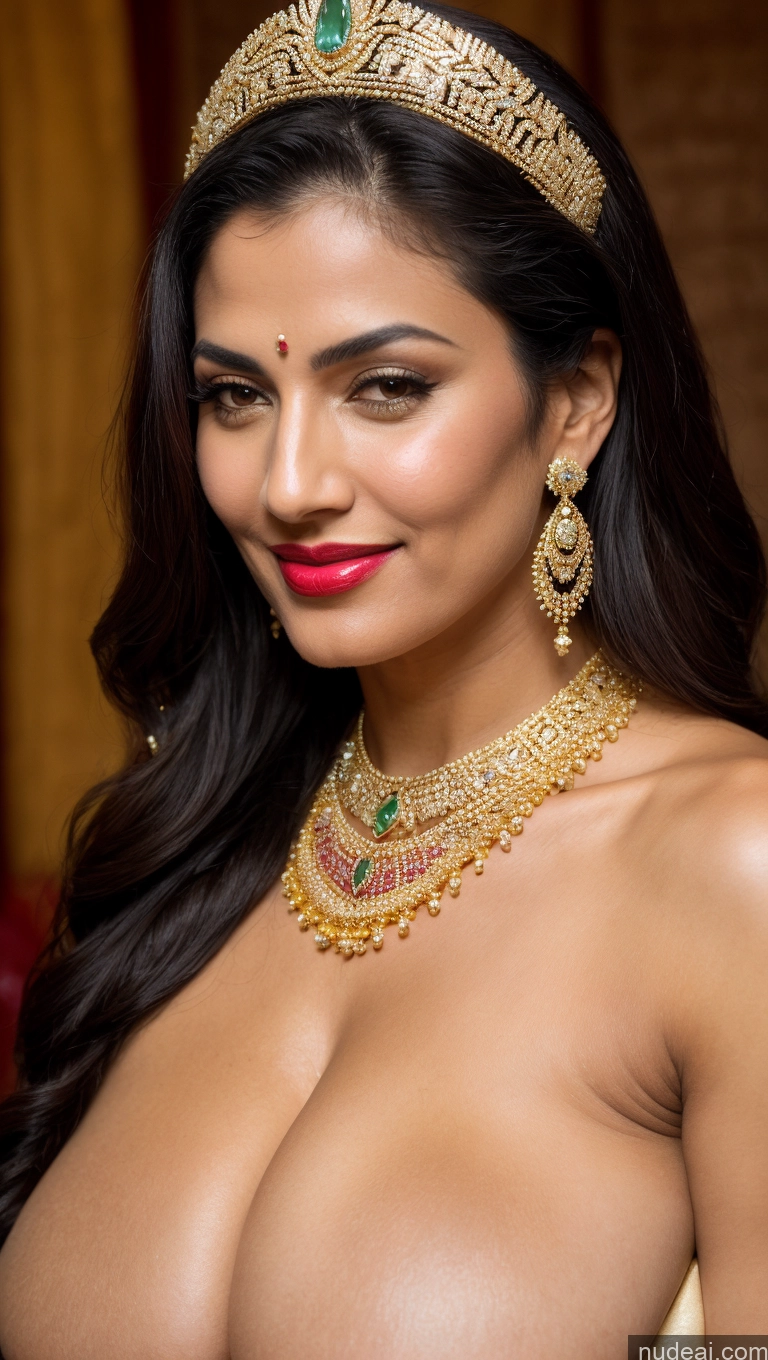 ai nude image of a close up of a woman wearing a gold necklace and a tiable pics of Miss Universe Model Busty Huge Boobs Beautiful Lipstick Big Ass Perfect Body Fairer Skin 50s Happy Seductive Sexy Face Black Hair Straight Middle Eastern Skin Detail (beta) Onsen Front View Sari Traditional Jewelry Gold Jewelry Bright Lighting