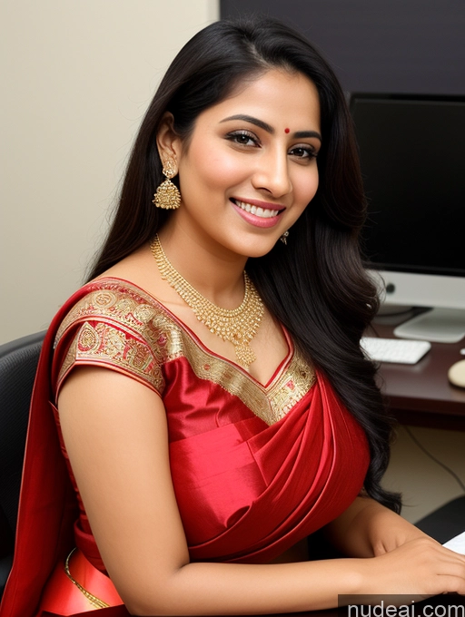 ai nude image of smiling woman in red sari sitting at a desk with a computer pics of Woman Beautiful 20s Sexy Face Black Hair Long Hair Indian Office Front View Happy Traditional Soft + Warm Busty Sari