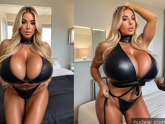 ai nude image of arafed woman in a black leather outfit posing in a hotel room pics of Bimbo Huge Boobs Muscular Big Ass Thick Pubic Hair Tanned Skin Oiled Body Abs Big Hips Long Legs Perfect Boobs Perfect Body 20s Shocked Messy Latina Bdsm High Heels Topless