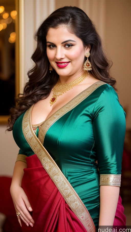 ai nude image of araffe woman in a green and red sari posing for a picture pics of Milf Busty Beautiful Lipstick Thick Chubby Big Hips Fat Fairer Skin 20s Happy Seductive Brunette Long Hair Russian Party Front View Straddling Sari Blouse Dirndl Victorian Cleavage Gold Jewelry