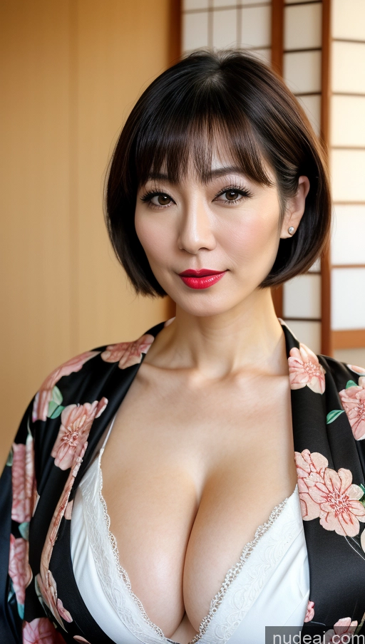 ai nude image of arafed asian woman with a black and white robe and red lipstick pics of One Huge Boobs Beautiful Lipstick Fairer Skin Close-up View Japanese Bobcut Woman Black Hair 40s Kimono