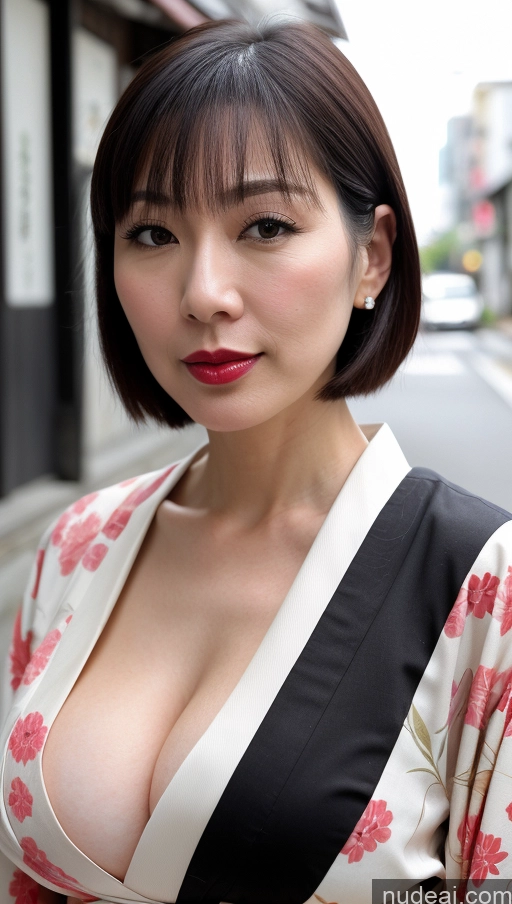 ai nude image of arafed asian woman with a black and white kimono and red lipstick pics of One Huge Boobs Beautiful Lipstick Fairer Skin Close-up View Japanese Bobcut Woman Black Hair 40s Kimono Casual