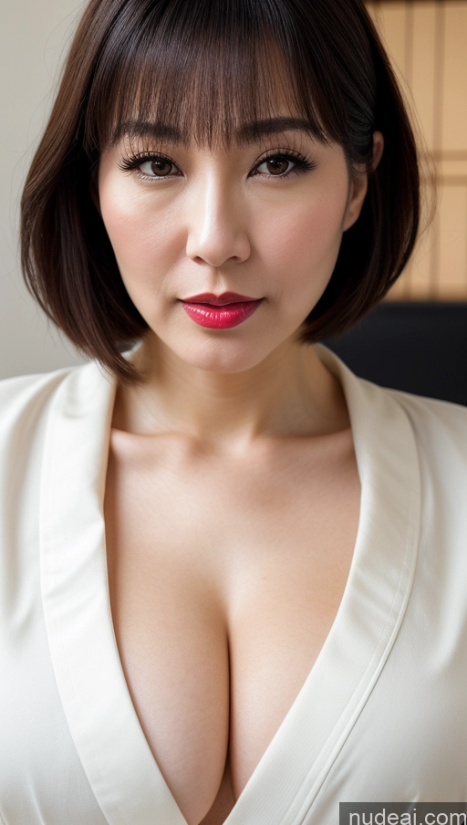 ai nude image of arafed asian woman with a very big breast posing for a picture pics of One Huge Boobs Beautiful Lipstick Fairer Skin Close-up View Japanese Bobcut Woman 40s Kimono Black Hair