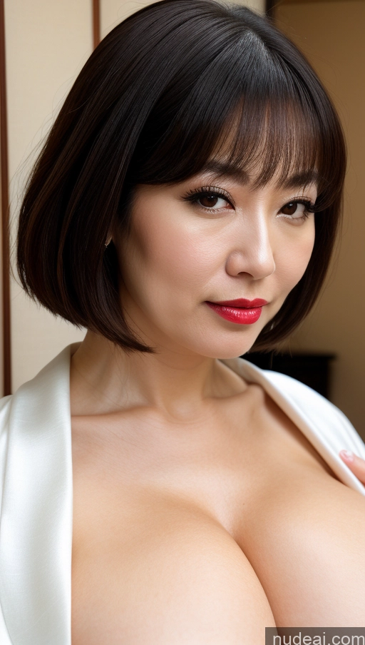 ai nude image of arafed asian woman with big breast posing for a picture pics of One Huge Boobs Beautiful Lipstick Fairer Skin Close-up View Japanese Bobcut Woman 40s Kimono Black Hair