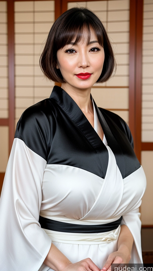 ai nude image of there is a woman in a kimono dress posing for a picture pics of One Huge Boobs Beautiful Lipstick Fairer Skin Close-up View Japanese Bobcut Woman 40s Kimono Black Hair