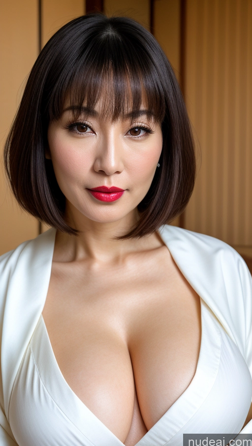 ai nude image of arafed asian woman with a white top and red lipstick pics of One Huge Boobs Beautiful Lipstick Fairer Skin Close-up View Japanese Bobcut Woman 40s Kimono Black Hair