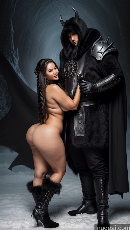 ai nude image of araffe dressed as a knight and a woman dressed as a princess pics of Woman + Man Huge Boobs Big Ass Chubby Fat Big Hips Fur Dark Lighting Bright Lighting Detailed Death Knight Nude Fantasy Armor Front View Hell Surrealist Chinese Braided Brunette Sexy Face 30s Several