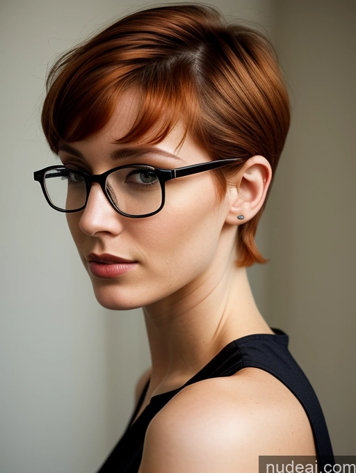 ai nude image of there is a woman with glasses and a black top posing for a picture pics of Woman Skinny 18 Seductive Ginger Short Hair Front View Jumpsuit Detailed Glasses Two British