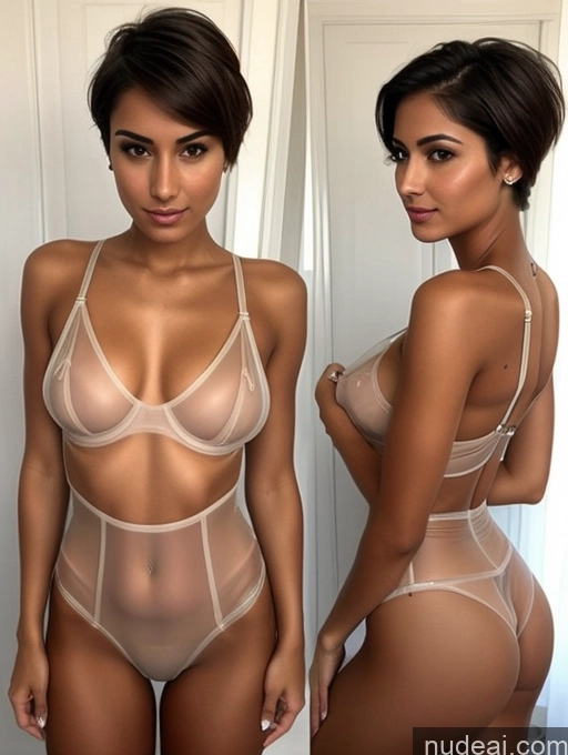 ai nude image of a close up of a woman in a sheered bodysuit posing for a picture pics of Seductive Front View Detailed Two Transparent Lingerie Jumpsuit Orgasm Brunette Skinny Small Tits Beautiful Tanned Skin 18 Arabic Athlete Short Hair