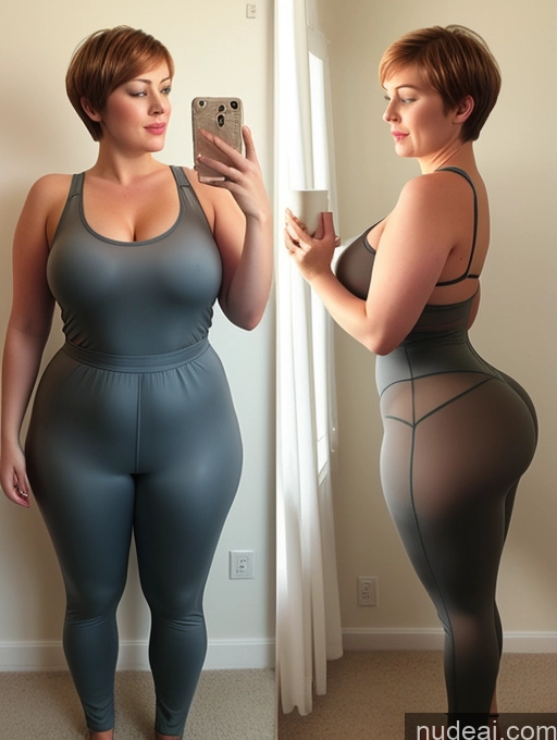 ai nude image of there is a woman in a tight grey outfit taking a selfie pics of Seductive Front View Detailed Two Transparent Jumpsuit Orgasm Short Hair Woman Chubby Fat 50s German Yoga Pants Fairer Skin Ginger