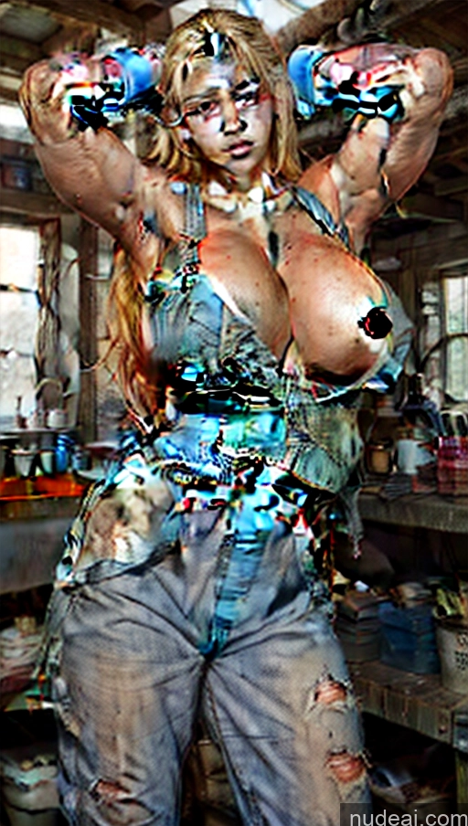 ai nude image of arafed woman in a messy room with paint and paintbrushes pics of Huge Boobs Perfect Boobs Muscular Perfect Body Tanned Skin Oiled Body Blonde Mechanicoveralls, Naked Overalls, Gloves, Goggles On Head, Baseball Cap, Backwards Hat,