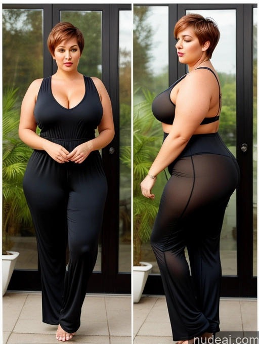 ai nude image of araffe woman in black jumpsuit posing for a picture pics of Seductive Front View Detailed Two Transparent Jumpsuit Orgasm Short Hair Yoga Pants Woman 50s Ginger Chubby Fat Busty German