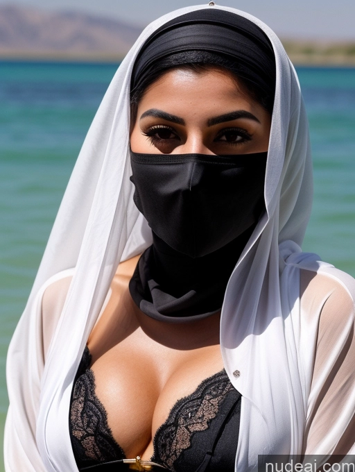 ai nude image of arafed woman wearing a black and white scarf and a black mask pics of Miss Universe Model Busty Beautiful Short Pubic Hair Tanned Skin 18 Serious Black Hair Long Hair Arabic Lake Niqab Pearl Jewelry Detailed