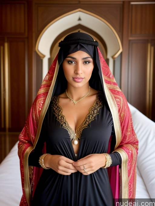 ai nude image of araffe woman in a black dress and a red shawl pics of Miss Universe Model Busty Beautiful Short Pubic Hair Tanned Skin 18 Serious Black Hair Long Hair Arabic Lake Niqab Pearl Jewelry Detailed Onesie