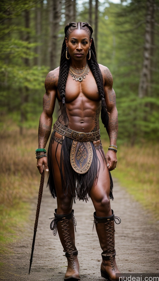 ai nude image of arafed man in a warrior costume with a sword and a sword pics of Muscular Skinny Abs Braided Ginger Boots Traditional Viking Black Woman Dark Skin Tattoos 50s