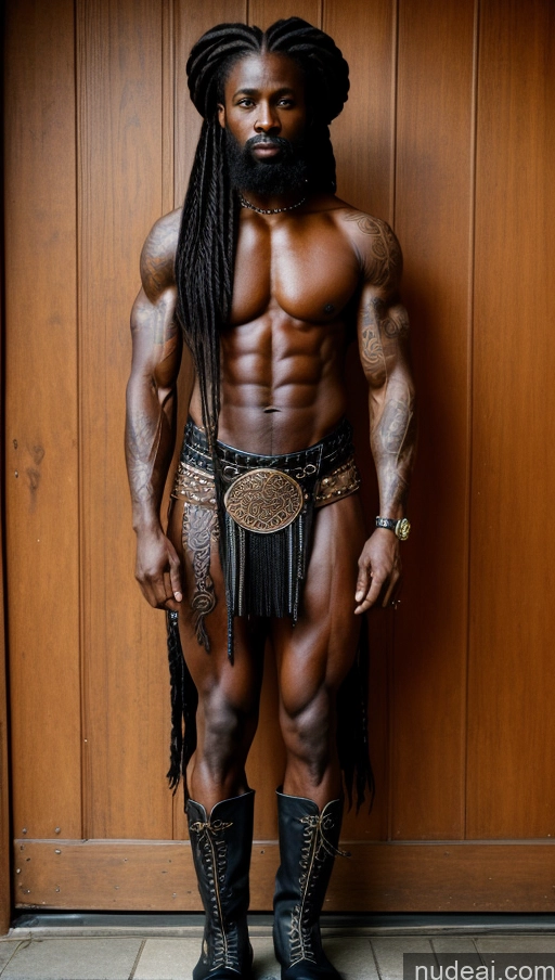 ai nude image of arafed man with dreads and a leather belt posing for a picture pics of Muscular Skinny Abs Braided Ginger Boots Traditional Viking Dark Skin Tattoos Goth Nude 70s Serious Nigerian Oiled Body Bodybuilder Long Legs Shocked