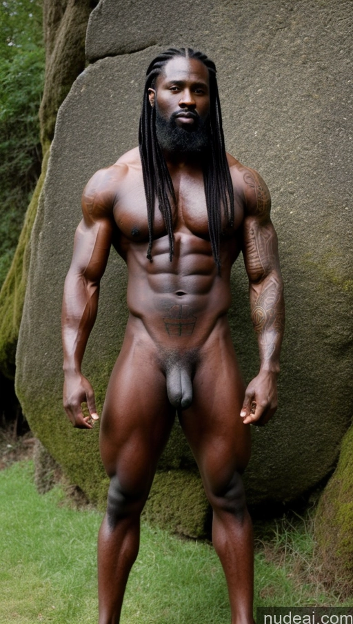 ai nude image of arafed man with a beard and a long black hair standing in front of a large rock pics of Muscular Abs Ginger Viking Dark Skin Tattoos Goth 70s Oiled Body Bodybuilder Long Legs Black Small Tits Tall Pubic Hair Braided Nude