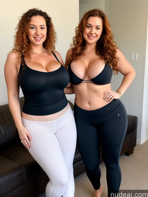 ai nude image of two women in black bra tops and white pants posing for a picture pics of Two Woman Busty Chubby Fairer Skin Ginger German Yoga Pants Topless Curly Hair 30s Orgasm