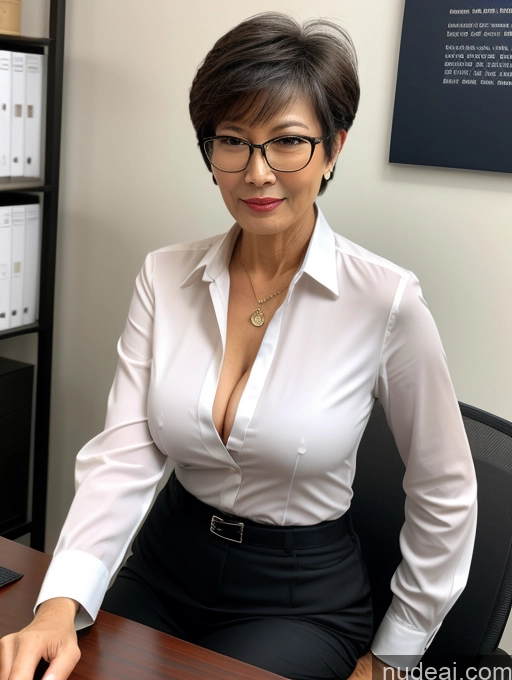 ai nude image of there is a woman sitting at a desk with a laptop pics of Milf Perfect Boobs Perfect Body Glasses Beautiful Sexy Face Short Hair Chinese Office Blouse Casual Stylish Professor Suit Cleavage Dark Lighting Detailed 60s