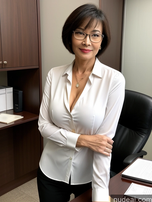 ai nude image of smiling woman in white shirt and black pants standing in front of a desk pics of Milf Perfect Boobs Perfect Body Glasses Beautiful Sexy Face Short Hair Chinese Office Blouse Casual Stylish Professor Suit Cleavage Dark Lighting Detailed 60s