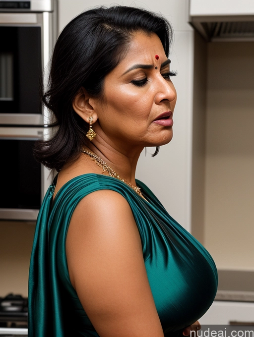 ai nude image of there is a woman in a green dress standing in a kitchen pics of Detailed Cleavage Sari Cumshot Front View Kitchen Film Photo Indian Straight Black Hair Orgasm 40s Tanned Skin Chubby Busty One Milf Perfect Boobs Shocked Angry Bright Lighting