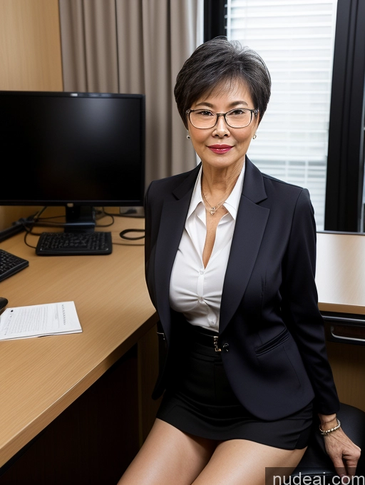 ai nude image of there is a woman sitting at a desk with a computer pics of Milf Perfect Boobs Beautiful Glasses Perfect Body Short Hair Chinese Office Blouse Casual Professor Stylish Suit Cleavage Dark Lighting Detailed Sexy Face Alternative 70s