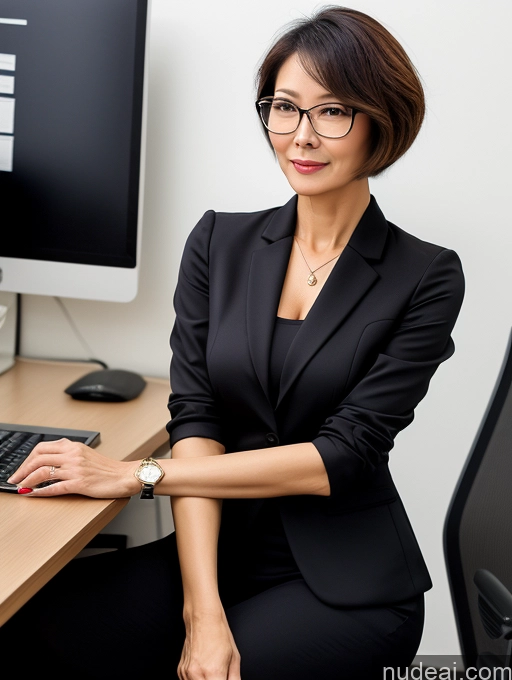 ai nude image of woman in black suit sitting at desk with computer and keyboard pics of Milf Perfect Boobs Beautiful Glasses Perfect Body Short Hair 60s Chinese Office Blouse Casual Professor Stylish Suit Cleavage Dark Lighting Detailed Sexy Face