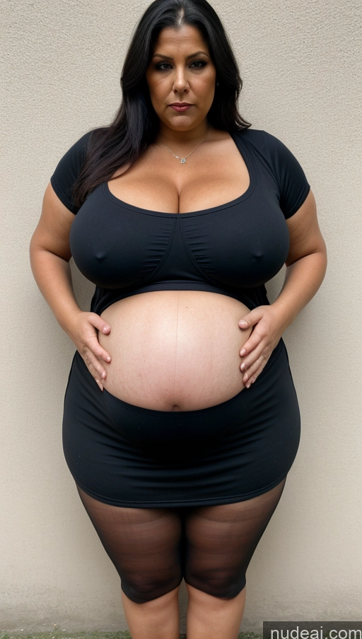 ai nude image of pregnant woman in black dress posing for a picture with her belly exposed pics of Milf One Busty Huge Boobs Tanned Skin Pregnant Serious Fat Short Thick Chubby EdgOrgasm POV Belly Grab Front View Goth