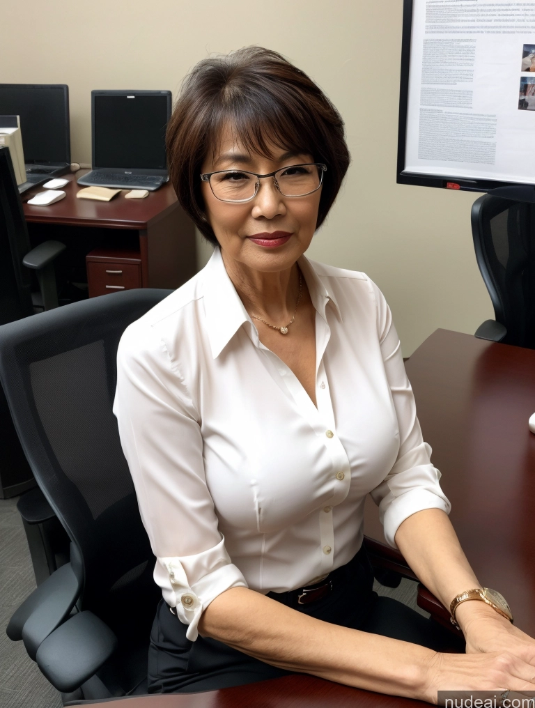 ai nude image of woman sitting at a desk with a computer monitor and a keyboard pics of Milf Perfect Boobs Beautiful Glasses Perfect Body Short Hair Chinese Office Blouse Casual Professor Stylish Suit Cleavage Dark Lighting Detailed Sexy Face 70s