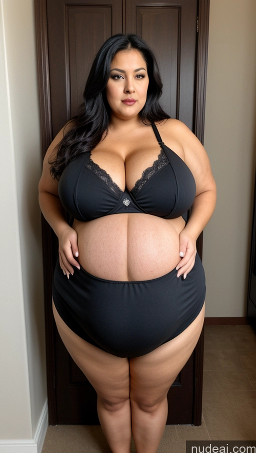 ai nude image of araffe woman in a black bra top and black panties standing in front of a door pics of Milf One Busty Huge Boobs Tanned Skin Pregnant Fat Short Thick Chubby EdgOrgasm Goth Black Hair Long Hair POV Belly Grab Cleavage