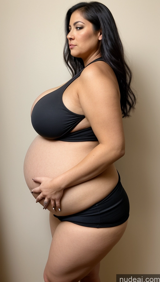 ai nude image of pregnant woman in black bikini posing for a picture in a studio pics of Milf One Busty Huge Boobs Tanned Skin Pregnant Fat Short Thick Chubby Goth Black Hair Long Hair POV Belly Grab Cleavage Big Hips Sexy Face Seductive Side View