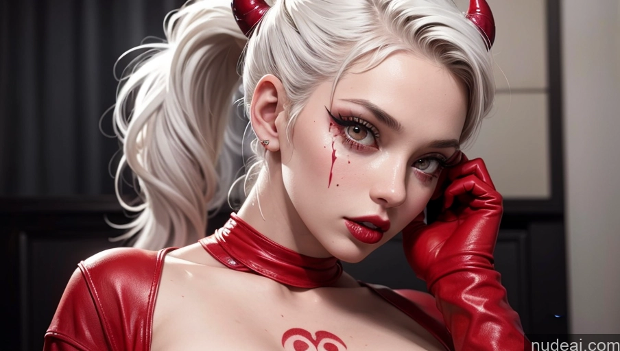 ai nude image of blond woman in red latex with horns and horns on her head pics of Woman Perfect Boobs Beautiful Tattoos Ahegao White Hair Perfect Body 18 Devil Ponytail Cumshot Nude