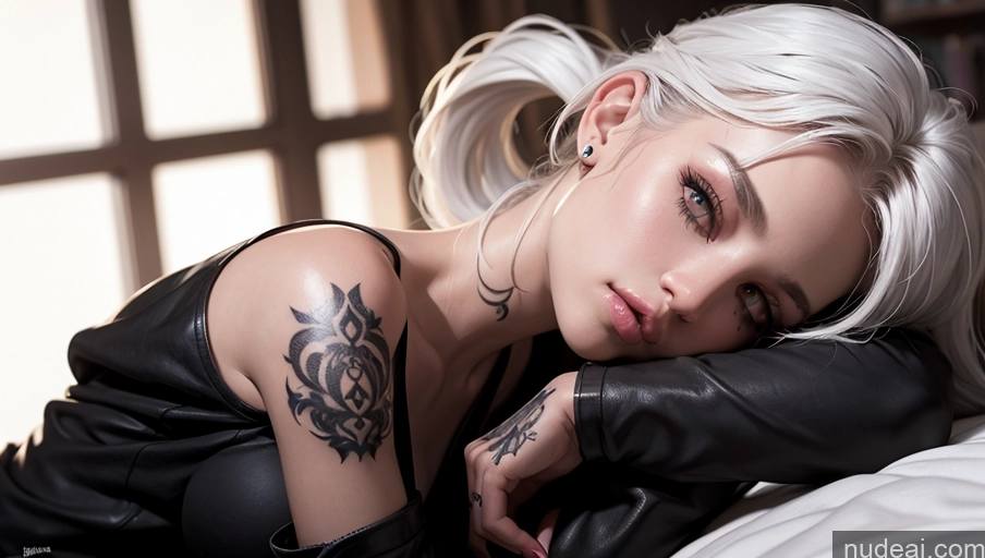 ai nude image of blond woman with white hair and tattoos laying on a bed pics of Woman One Perfect Boobs Beautiful Tattoos Perfect Body 18 White Hair Ponytail Cumshot Nude Goth Pouting Lips