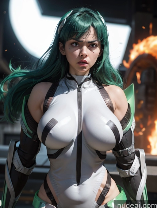 Superheroine Muscular Skinny Small Tits Huge Sagging Breasts 40s Serious Angry Green Hair Bangs Spandex Powering Up Alternative Superhero Deva Battle Suit/Angela Balzac Cosplay