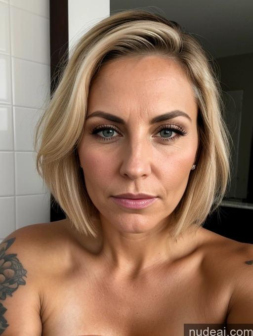 ai nude image of blond woman with tattoos on her chest and chest posing for a picture pics of Bending Over Close-up View Busty Tanned Skin Perfect Boobs Seductive Serious Sad Sexy Face Blonde Bobcut Bathroom 30s Milf Jewish Tattoos Shocked