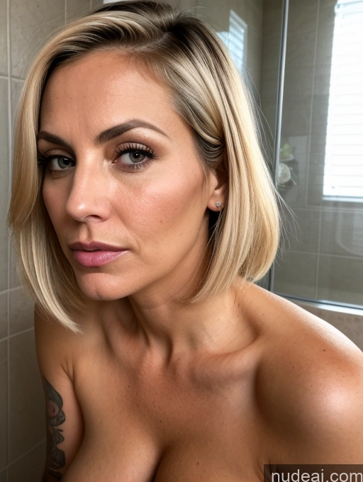 ai nude image of arafed woman with a big breast posing in a bathroom pics of Bending Over Close-up View Busty Tanned Skin Perfect Boobs Seductive Serious Sad Sexy Face Blonde Bobcut Bathroom 30s Milf Jewish Tattoos Shocked