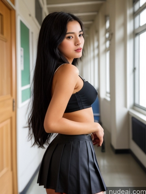 ai nude image of arafed asian woman in a black skirt and black top pics of Small Ass Skinny 18 Detailed School Hallway School Uniform, Cleavage Cutout, Clothing Cutout, Pleated Skirt, Thighhighs Kisses Perfect Boobs Black Hair Long Hair Vietnamese