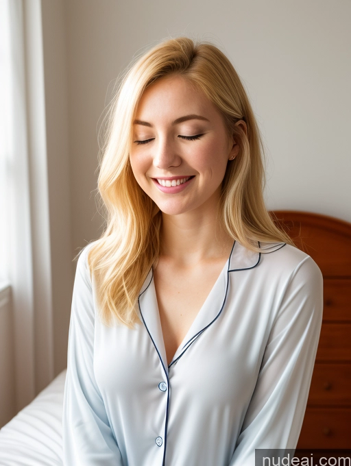 ai nude image of blonde woman in pajamas sitting on bed with eyes closed pics of Short Woman One Small Tits Fairer Skin 18 Happy Blonde Long Hair Japanese Crisp Anime Bedroom Front View Sleeping Transparent Pajamas Bright Lighting