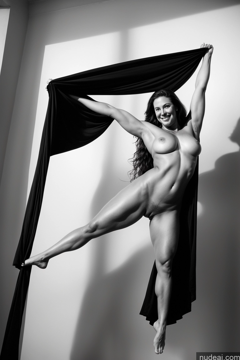 ai nude image of arafed woman posing in a black and white photo with a black cloth pics of Woman Muscular Big Ass Thick Big Hips Long Legs Tall Brunette Russian Bright Lighting Black And White Pubic Hair Fat Long Hair 60s Happy Serious Sexy Face